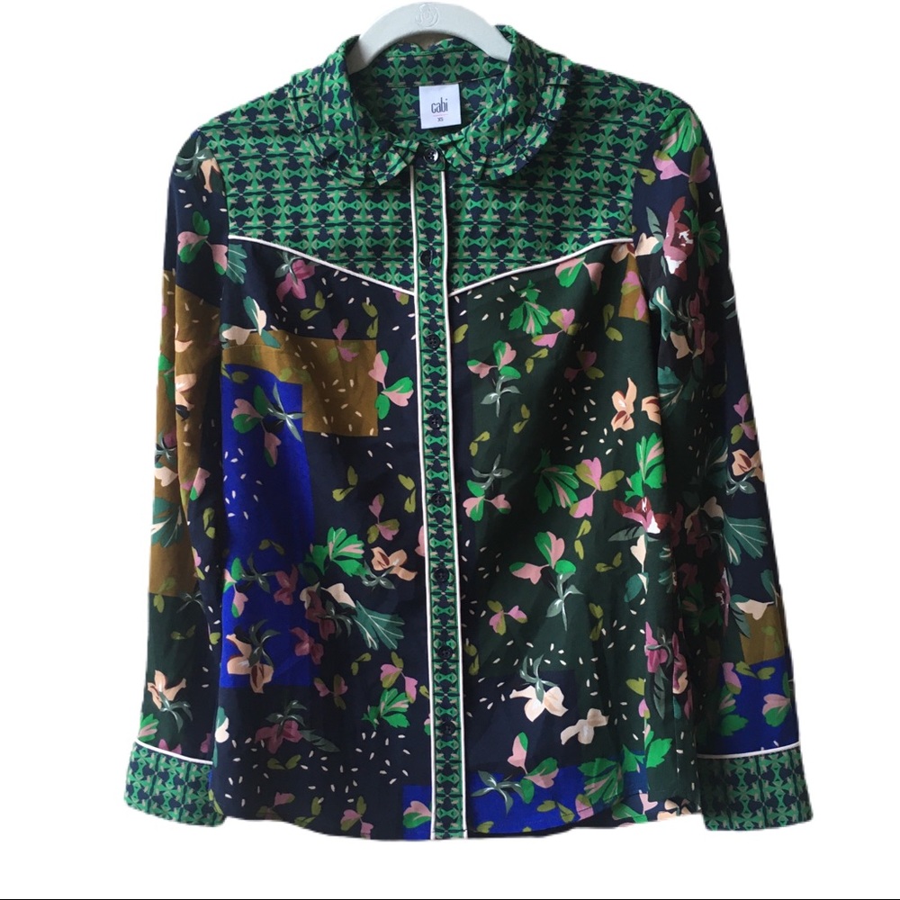CAbi Green and Multicolor Floral Button Down Shirt